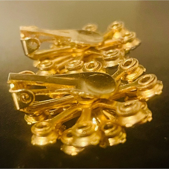 Gold and Aurora Borealis Rhinestone Starburst Clip Earrings - Picture 8 of 13